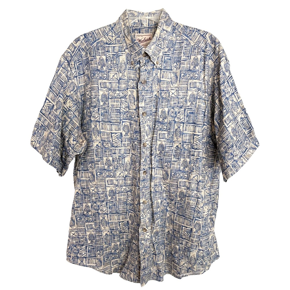 Woolrich Shirt Mens Large Blue Beige Fish Print Button Up Peru Outdoor Cotton